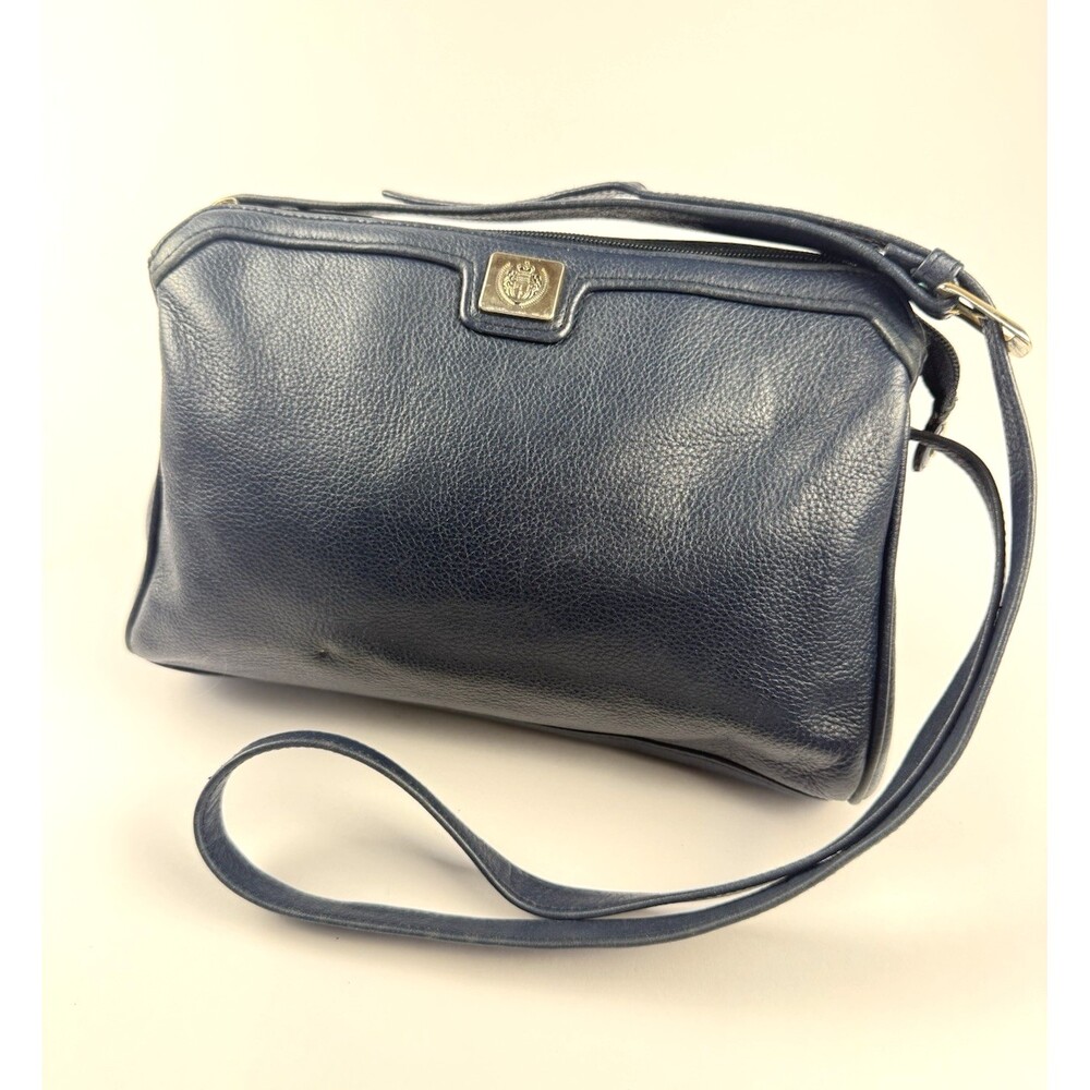 VTG 1990s Liz Claiborne Pebbled Genuine Leather Crossbody Bag Navy Crest 12"x9"